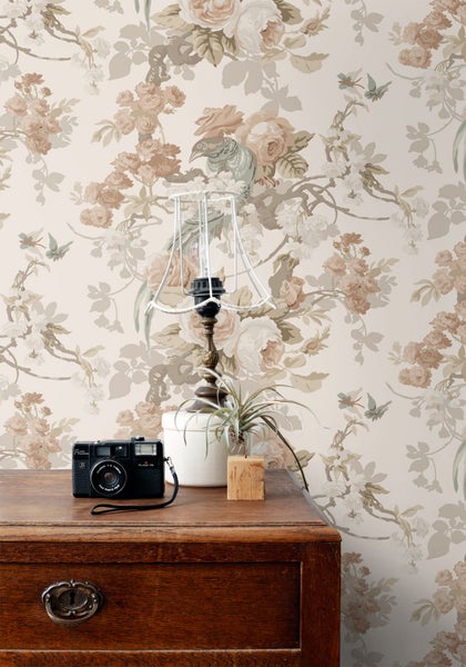 ESTAhome Tapete Blumen und Vögel Beige - 50 x 900 cm - 139807