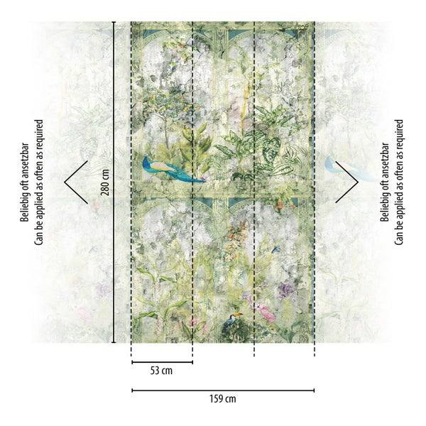Tapetenmuster mit Pflanzen- und Vogelmotiven, Maße 159 cm x 280 cm