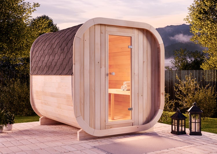 FinnTherm Fasssauna ScandiCube Comfort Fasssauna 2 Sitzbänke aus Holz, Sauna mit 42 mm Wandstärke, Außensauna ohne Fenster, Naturbelassen 2x2,3m