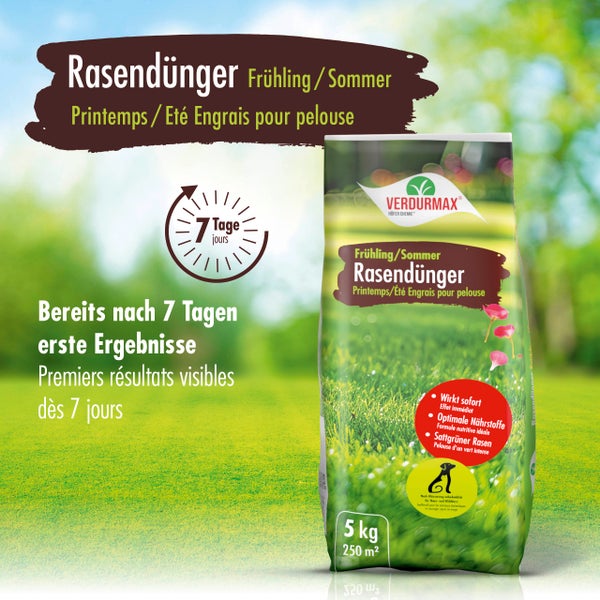 Verpackung Rasendünger für Frühling und Sommer von Verdurmax, wirkt innerhalb von sieben Tagen