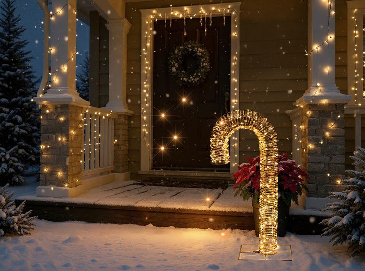 Dekorierte Hausfassade mit Zuckerstangen-Lichterdeko und Lichterketten im Winter