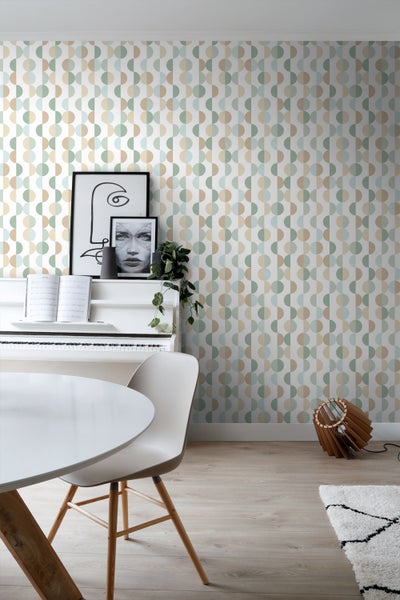 ESTAhome Tapete grafisches Motiv Graugrün, Hellblau und Beige - 50 x 900 cm - 139620