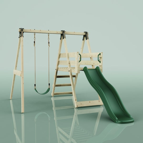 Spielturm aus Holz mit Schaukel, Podest mit Leiter und Rutsche.