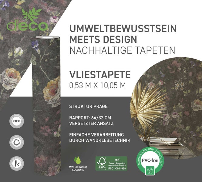 Vliestapete mit Blumenmuster, 0,53 Meter x 10,05 Meter, strukturgeprägt, Rapport 64/32 Zentimeter, versetzter Ansatz, einfache Verarbeitung durch Wandklebetechnik, wasserbasierte Farben, FSC-Siegel, PVC-frei Siegel