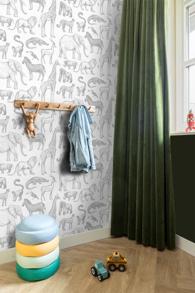 ESTAhome Tapete Dschungeltiere Weiß und Grau - 53 cm x 10.05 m - 139691
