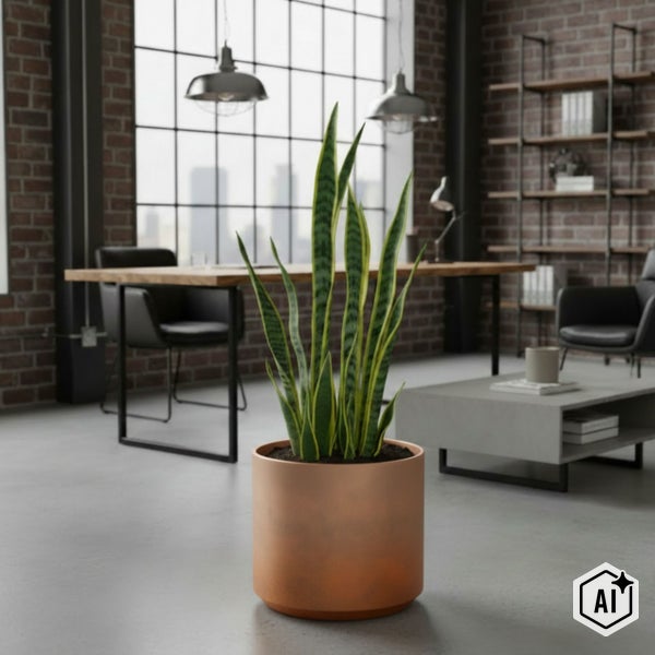 Sansevieria Bogenhanf in einem runden Pflanztopf in einem modern eingerichteten Raum im Loftstil mit Backsteinwand und großem Fenster.
