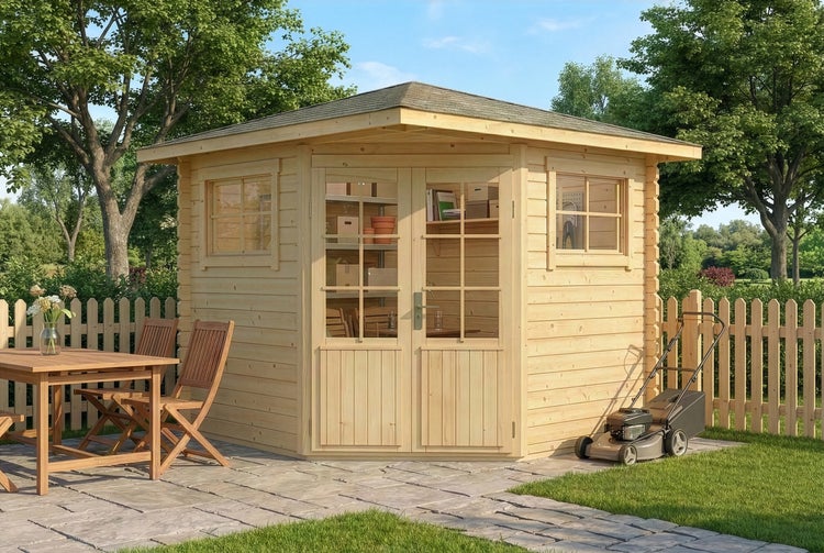 Eck-Gartenhaus aus Holz mit verglasten Doppeltüren und Fenstern auf einer Steinterrasse in einem hellen Garten mit Sitzgruppe.