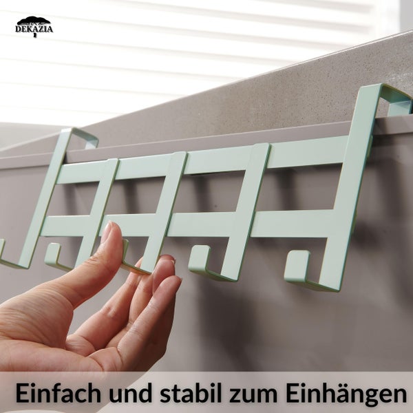 Dekazia Logo. Stabile Metall-Hakenleiste mit mehreren Haken zum einfachen Einhängen an Schranktüren oder Schubladen.