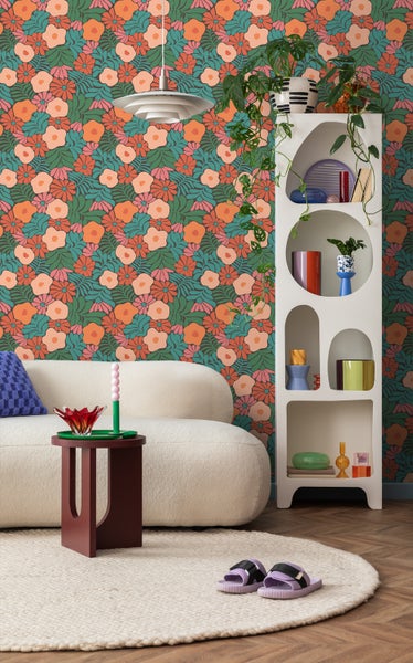 ESTAhome Tapete Blumen im Matisse-Stil Dunkelgrün, Orange und Blau - 50 x 900 cm - 131008