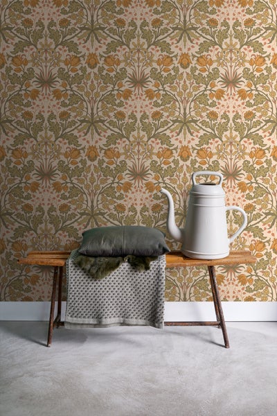 ESTAhome Tapete Blumenmuster im Jugendstil Dunkelorange und Graugrün - 50 x 900 cm - 131175