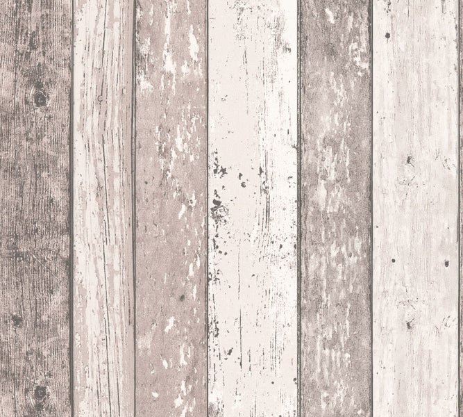 Schlafzimmer mit Bett und Wand mit Tapete in Holzoptik