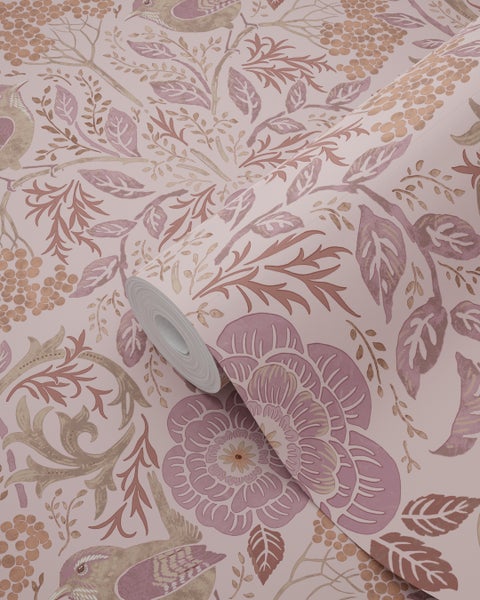 ESTAhome Tapete Blumen und Vögel Altrosa und Violett - 50 x 900 cm - 131209