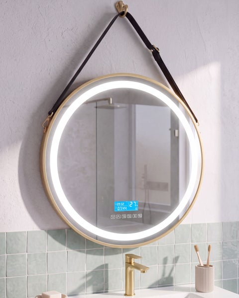 Runder LED Badezimmerspiegel mit Rahmen und Aufhängung, digitale Anzeige für Uhrzeit und Temperatur, montiert über einem Waschbecken.
