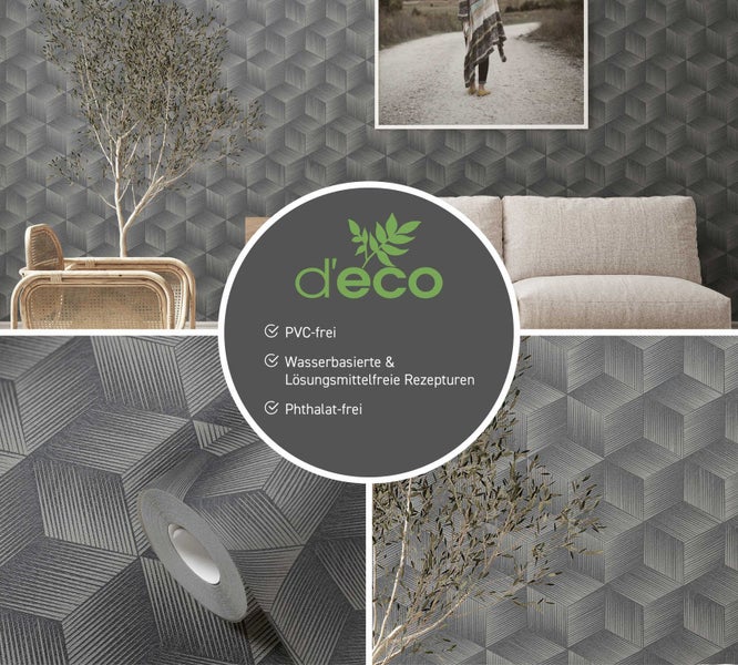 Collage einer grauen 3D-Würfel-Tapete mit umweltfreundlichen Eigenschaften, präsentiert in verschiedenen Wohnraum-Szenarien.