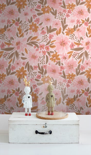 ESTAhome Tapete Blumen Rosa, Orange und Graugrün - 50 x 900 cm - 130925