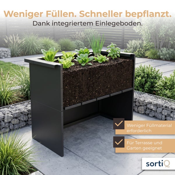 Metall-Hochbeet mit integriertem Einlegeboden für weniger Füllmaterial, geeignet für Terrasse und Garten. Bepflanzung mit Kräutern. sortiQ Logo.