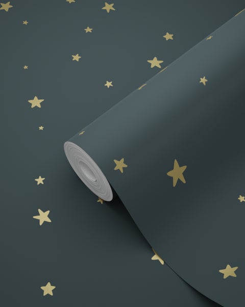 ESTAhome Tapete kleine Sterne Graublau und Gold - 53 cm x 10.05 m - 139261