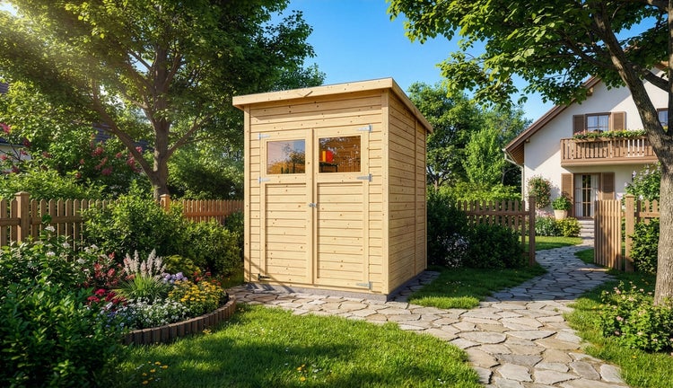 Gartenhaus aus Holz mit Pultdach und Doppeltür mit Fenstern in einem hellen Garten mit Steinweg und Blumenbeeten.
