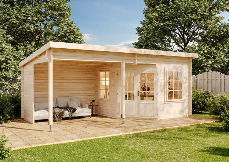 Alpholz Gartenhaus Carl-28 Gartenhaus aus Holz, Holzhaus mit 28 mm Wandstärke inklusive Terrasse, Blockbohlenhaus mit Montagematerial, Naturbelassen 6,2x3,3m