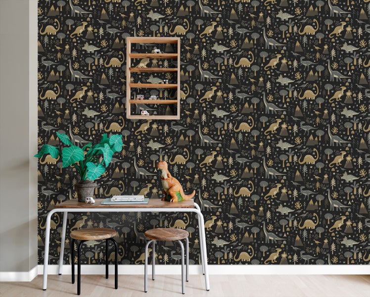 ESTAhome Tapete Dinosaurier Graublau, Braun und Schwarz - 50 x 900 cm - 139803