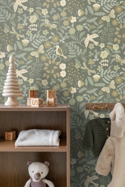ESTAhome Tapete Blumen und Vögel Graugrün - 50 x 900 cm - 131465