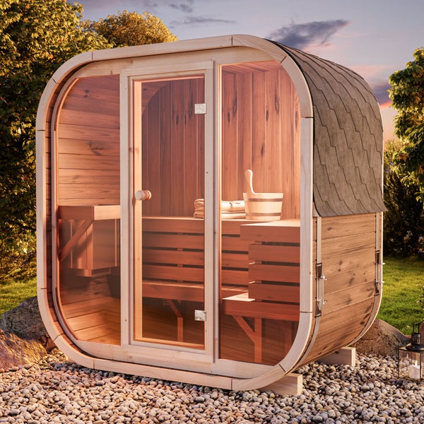 FinnTherm Fasssauna Ellipso M Fasssauna 1 Sitzbänke aus Holz Sauna mit 42 mm Wandstärke, Außensauna mit Montagematerial