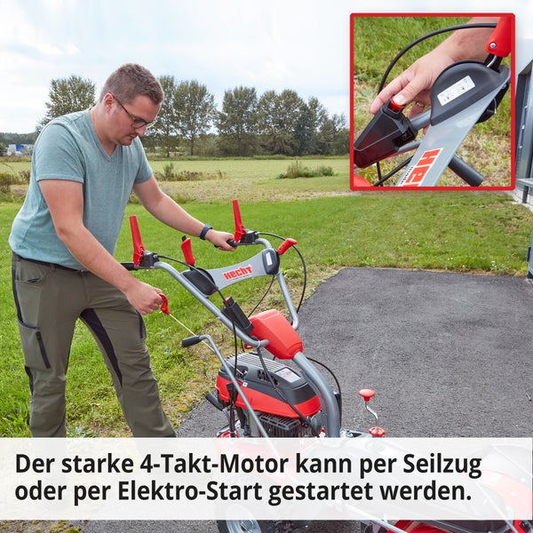 Ein Mann startet eine Motorhacke der Marke Hecht im Freien.