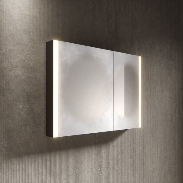 KEUCO Royal Mia Aufputz-LED-Spiegelschrank 100cm, 2 Türen, Spiegelheizung, asymmetrisch, Seiten schwarz