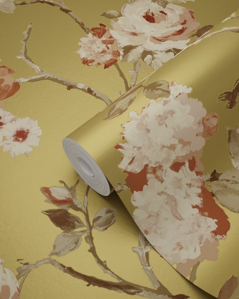 ESTAhome Tapete Blumenmuster Gold und Terrakottarosa - 53 cm x 10.05 m - 139762