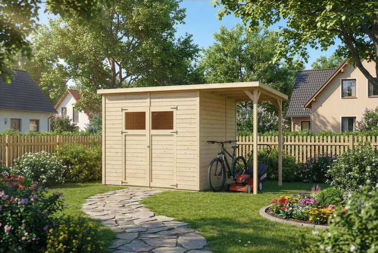 Gartenhaus aus Holz mit Flachdach, Doppeltür mit Fenstern und seitlichem Unterstand für Fahrrad und Rasenmäher.