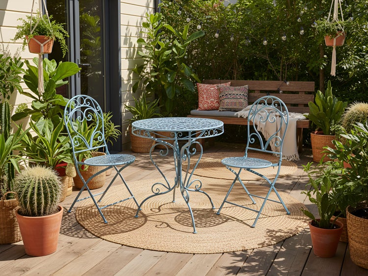 Gartenszene mit Bistrotisch, zwei Stühlen und Pflanzen auf einer Holzterrasse.