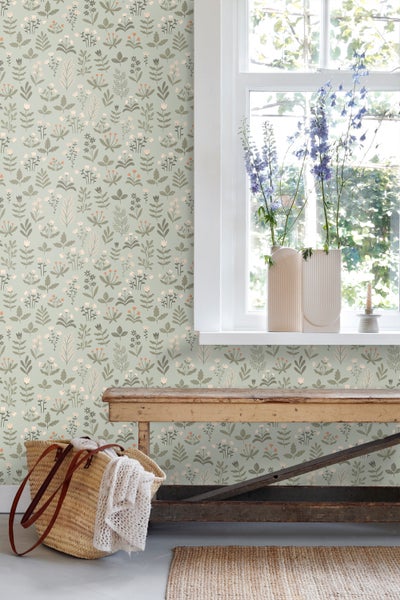 ESTAhome Tapete Feldblumen Hell Graugrün und Beige - 50 x 900 cm - 131097