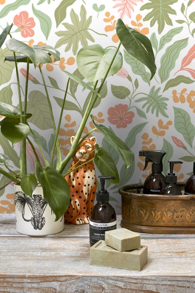 ESTAhome Tapete Blätter und Blumen Grün, Rosa und Orange - 50 x 900 cm - 131048