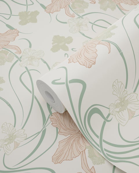 ESTAhome Tapete Blumenmuster im Jugendstil Crême-Weiß, Hellrosa und Graugrün - 53 cm x 10.05 m - 139666