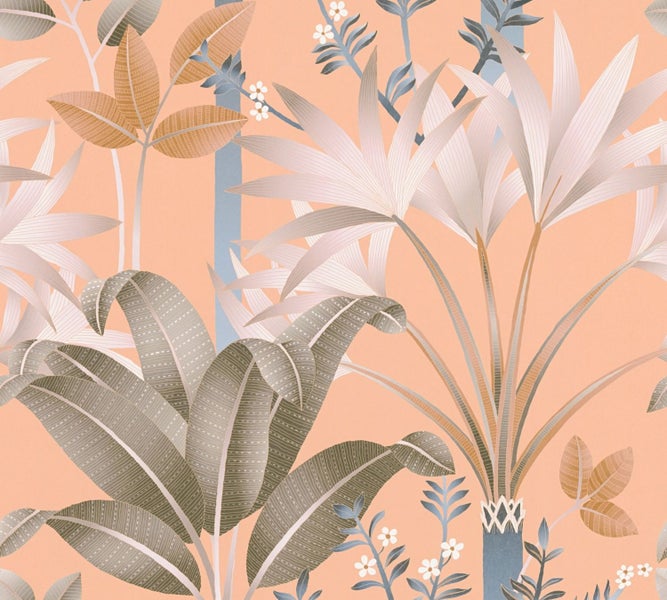 Schlafzimmer mit gemusterter Tapete, Korbstuhl und Bett