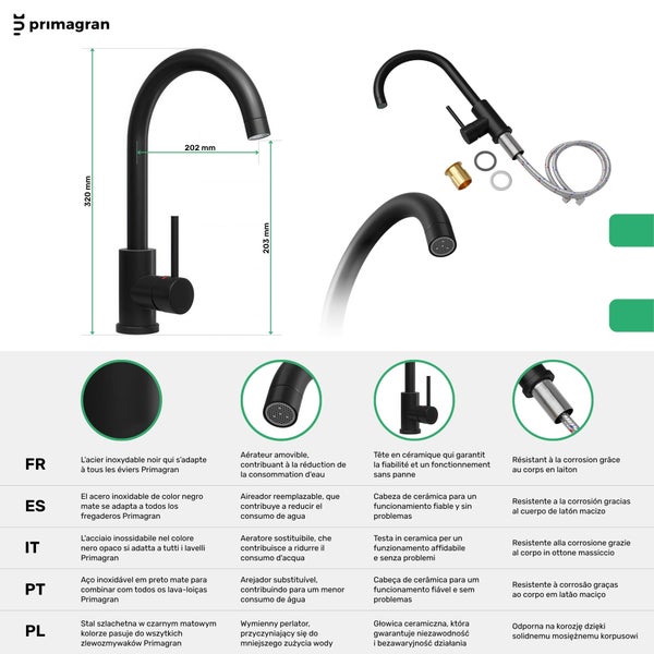 Primagran Küchenarmatur aus Edelstahl mit den Maßen 320 x 202 x 203 mm