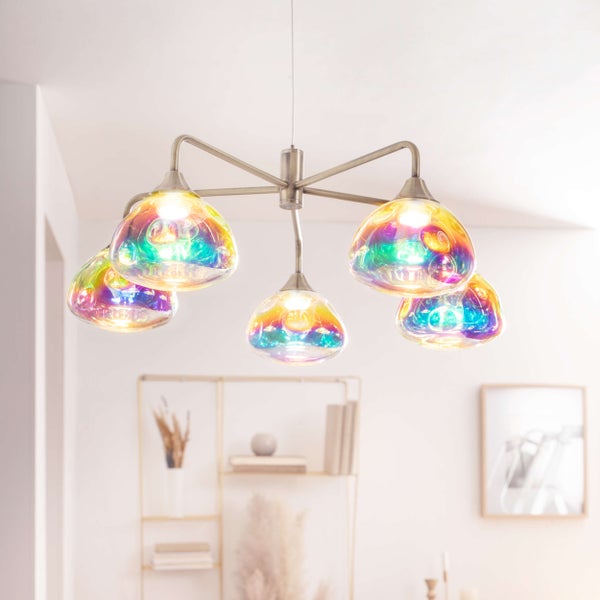 LED Pendelleuchte 5-flammig Varna, Pendellampe aus messingfarbenem Metall und irisierendem Glas, fest verbaute LEDs, 50 cm Durchmesser, stilvolle Beleuchtung für Wohnzimmer, Esszimmer oder Diele