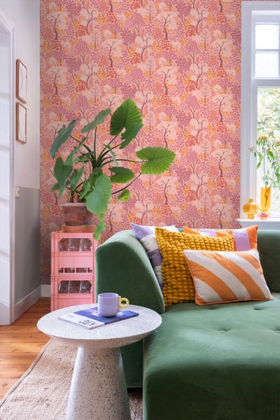 ESTAhome Tapete Bäumen und Blumen Rosa, Lila und Orange - 50 x 900 cm - 131188