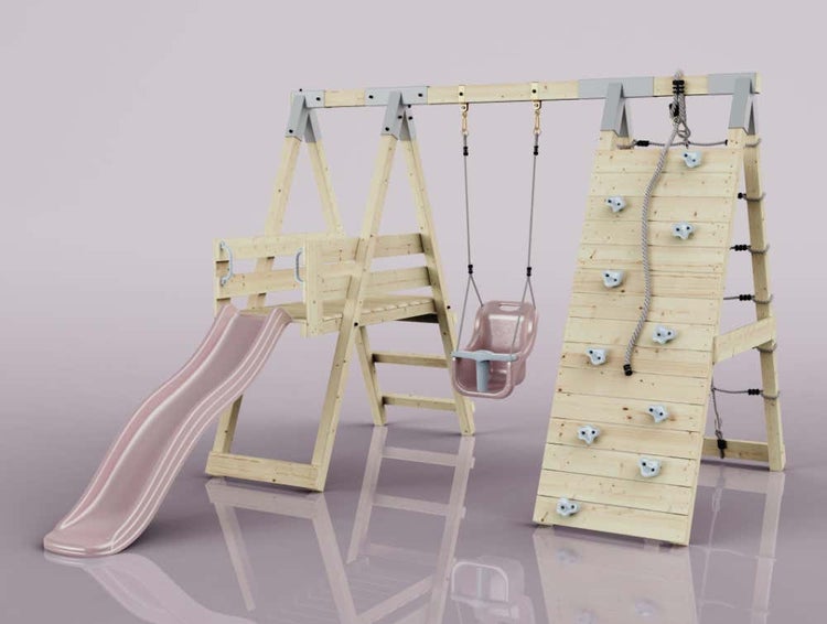 Kinderspielplatz aus Holz mit Schaukel, Rutsche, Kletterwand, Strickleiter und Podest für den Garten.