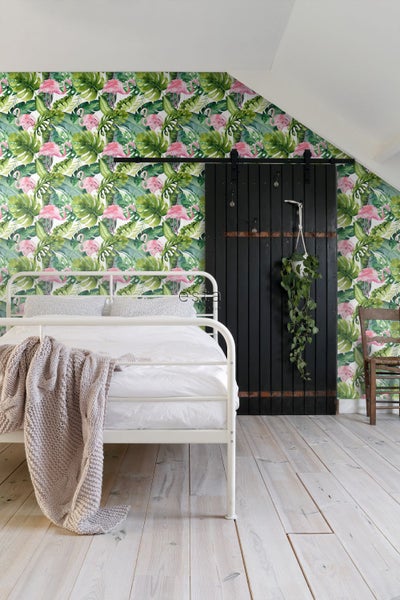 ESTAhome XXL-Vliestapete tropische Blätter mit Flamingos Grün und Rosa - 50 x 900 cm - 158895