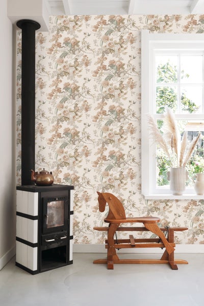 ESTAhome Tapete Blumen und Vögel Beige - 50 x 900 cm - 139807