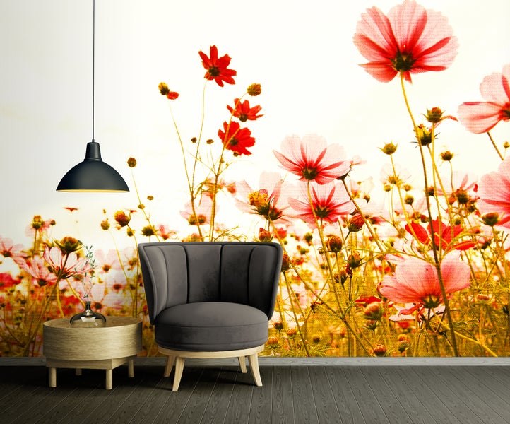 Fototapete mit floralem Motiv aus rosafarbenen und roten Kosmeen in einem modernen Wohnzimmer mit grauem Sessel und Holzbeistelltisch.