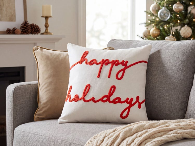 Quadratisches Dekokissen mit rotem Stick-Schriftzug happy holidays auf einem grauen Sofa in einem hellen Wohnzimmer mit Weihnachtsbaum.