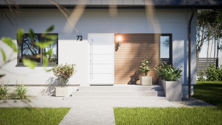 Modernes Haus mit Holztür, kleinem Fenster und gepflegtem Garten.