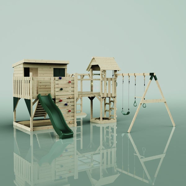 Spielplatz mit Rutsche, Schaukel und Kletterwand aus Holz