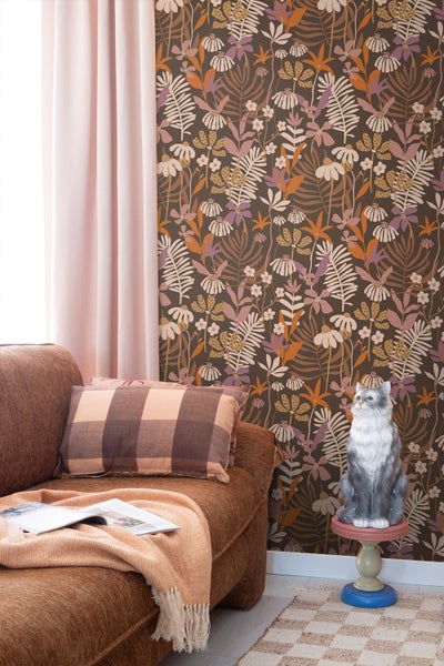 ESTAhome Tapete tropische Blätter und Blüten Braun, Lila und Mehrfarbig - 50 x 900 cm - 130998