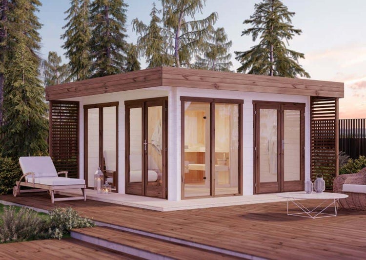 FinnTherm Design Saunahaus Viva-44 A Gartensauna 3 Sitzbänke aus Holz, Sauna mit 40 mm Wandstärke, Außensauna