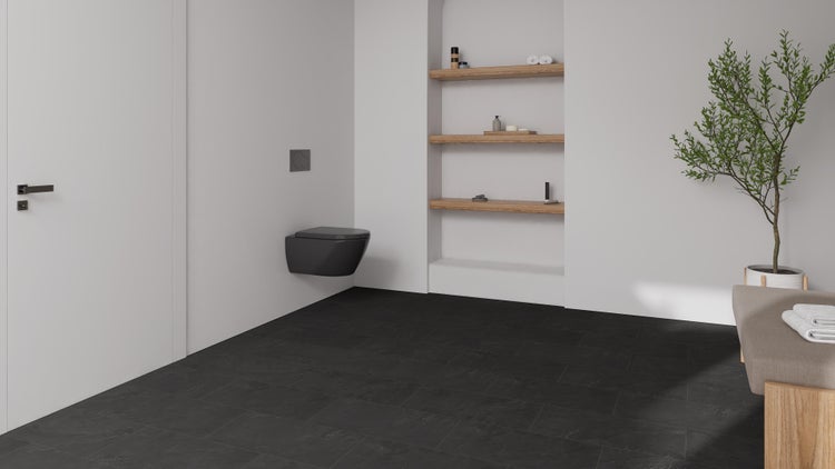 Modernes Badezimmer mit Wandtoilette, Regal und dunklem Bodenbelag für ein stilvolles Ambiente.