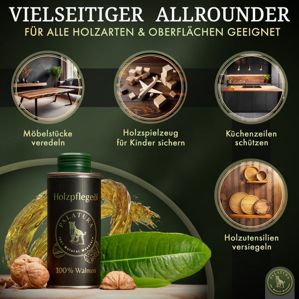 Anwendungsbeispiele für Holzpflegeöl zur Möbelpflege, Spielzeugsicherung, Küchenzeilen- und Holzutensilienversiegelung