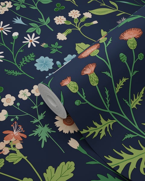 ESTAhome Tapete Feldblumen Tintenblau und Grün - 53 cm x 10.05 m - 139844